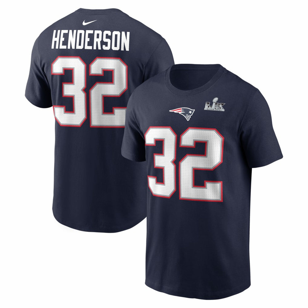 Nike TreVeyon Henderson New England Patriots Super Bowl LX Patch Name & Number T-Shirt Navy