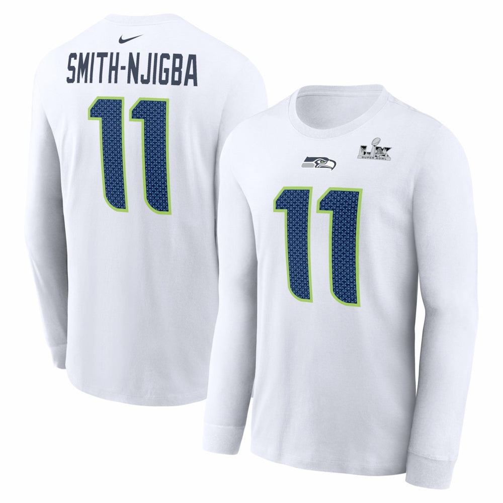 Nike Jaxon Smith-Njigba Seattle Seahawks Super Bowl LX Champions Patch Name & Number Long Sleeve T-Shirt White