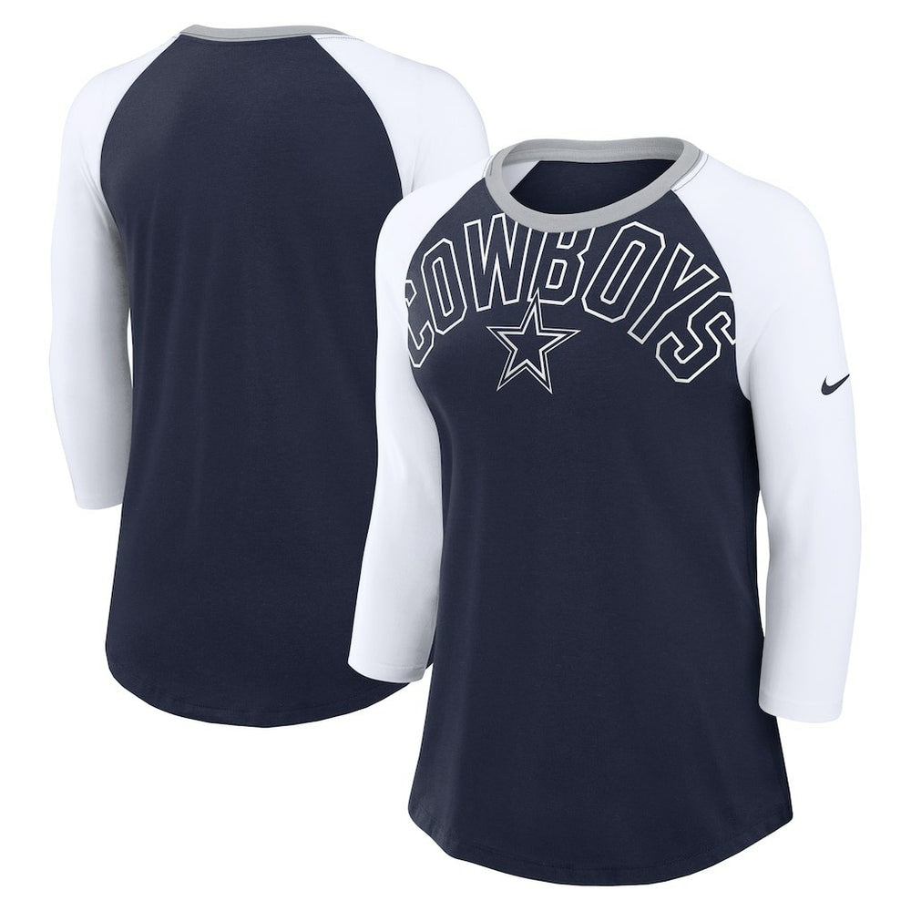 Nike Dallas Cowboys Women's Knockout Arch Raglan Tri-Blend 3/4-Sleeve T-Shirt Navy/White