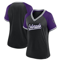 Colorado Rockies Fanatics Women's Glitz & Glam League Diva Raglan V-Neck T-Shirt - Black - Fanatics Lifestyle