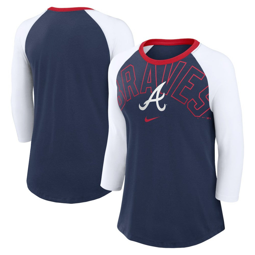 Atlanta Braves Nike Women's Knockout Arch 3/4-Sleeve Raglan Tri-Blend T-Shirt - Navy/White - Nike Lifestyle