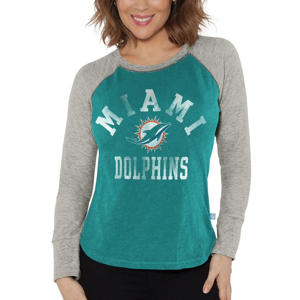 Miami Dolphins G-III 4Her by Carl Banks Women's Waffle Knit Raglan Long Sleeve T-Shirt Aqua/Heather Gray