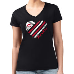 Cincinnati Reds G-III 4Her by Carl Banks Women's Super-Slim Fit Lightweight Heart V-Neck T-Shirt - Black - MLB Sale