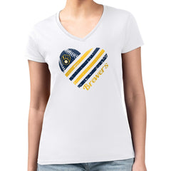 Milwaukee Brewers G-III 4Her by Carl Banks Women's Super-Slim Fit Lightweight Heart V-Neck T-Shirt - White - MLB Discount