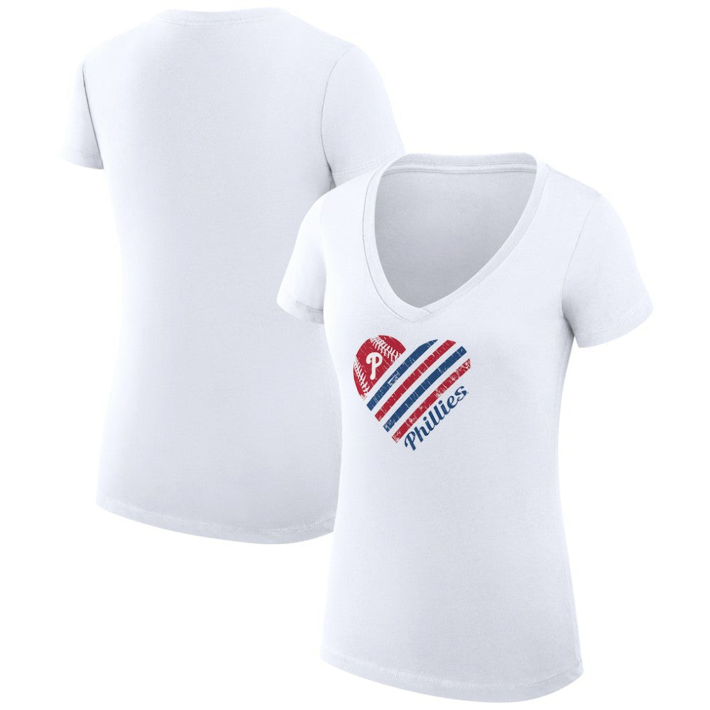 Philadelphia Phillies G-III 4Her by Carl Banks Women's Super-Slim Fit Lightweight Heart V-Neck T-Shirt - White - MLB Lifestyle