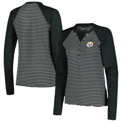Pittsburgh Steelers Antigua Women's Maverick Waffle Henley Long Sleeve T-Shirt Black