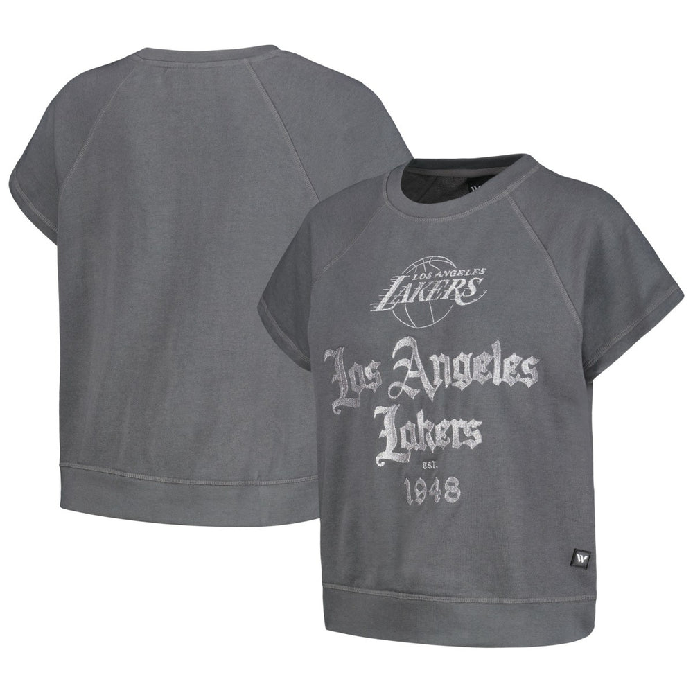 Los Angeles Lakers The Wild Collective Women's Embroidered Fleece Raglan Short Sleeve Pullover Sweatshirt Gray