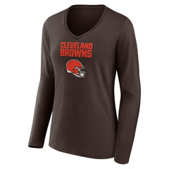 Cleveland Browns Women's Personalized Name & Number Team Wordmark Long Sleeve V-Neck T-Shirt Brown