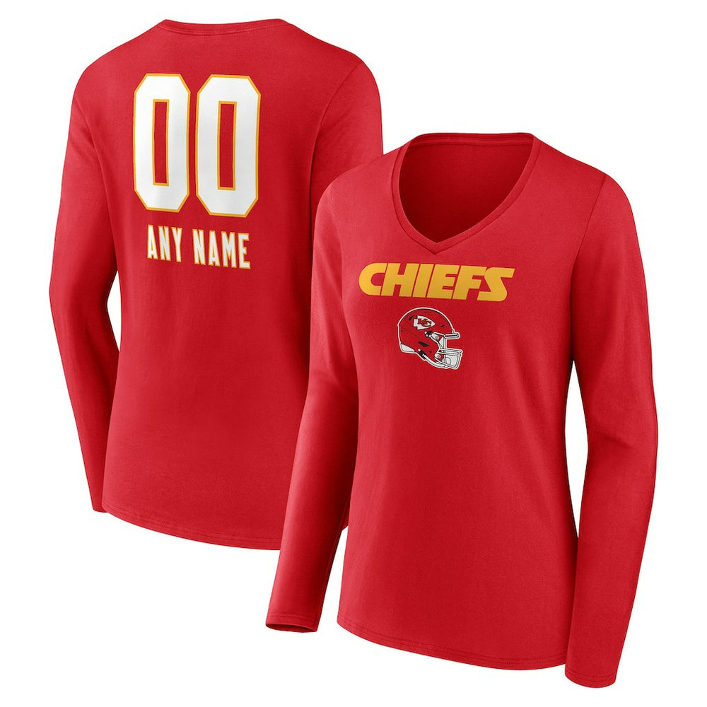 Kansas City Chiefs Women's Personalized Name & Number Team Wordmark Long Sleeve V-Neck T-Shirt Red
