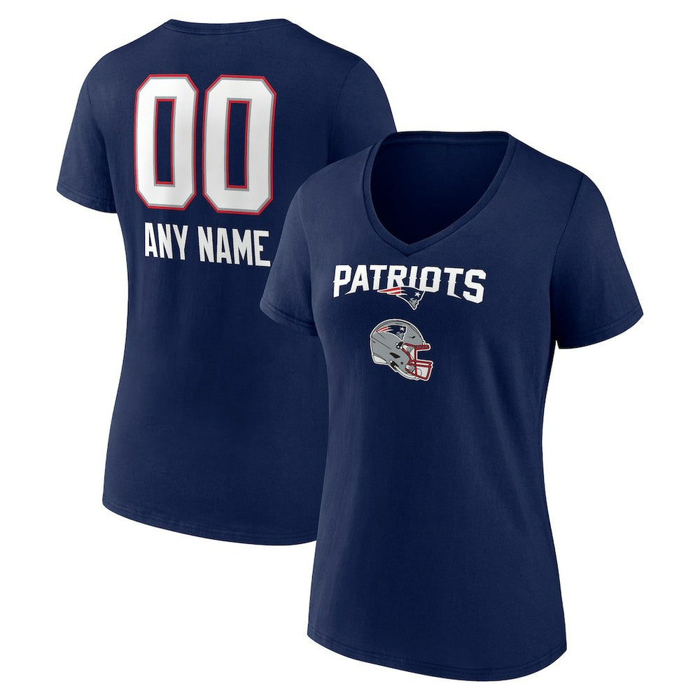 New England Patriots Women's Personalized Name & Number Team Wordmark V-Neck T-Shirt Navy