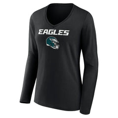 Philadelphia Eagles Women's Personalized Name & Number Team Wordmark Long Sleeve V-Neck T-Shirt Black
