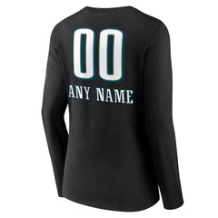 Philadelphia Eagles Women's Personalized Name & Number Team Wordmark Long Sleeve V-Neck T-Shirt Black