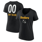 Pittsburgh Steelers Women's Personalized Name & Number Team Wordmark V-Neck T-Shirt Black
