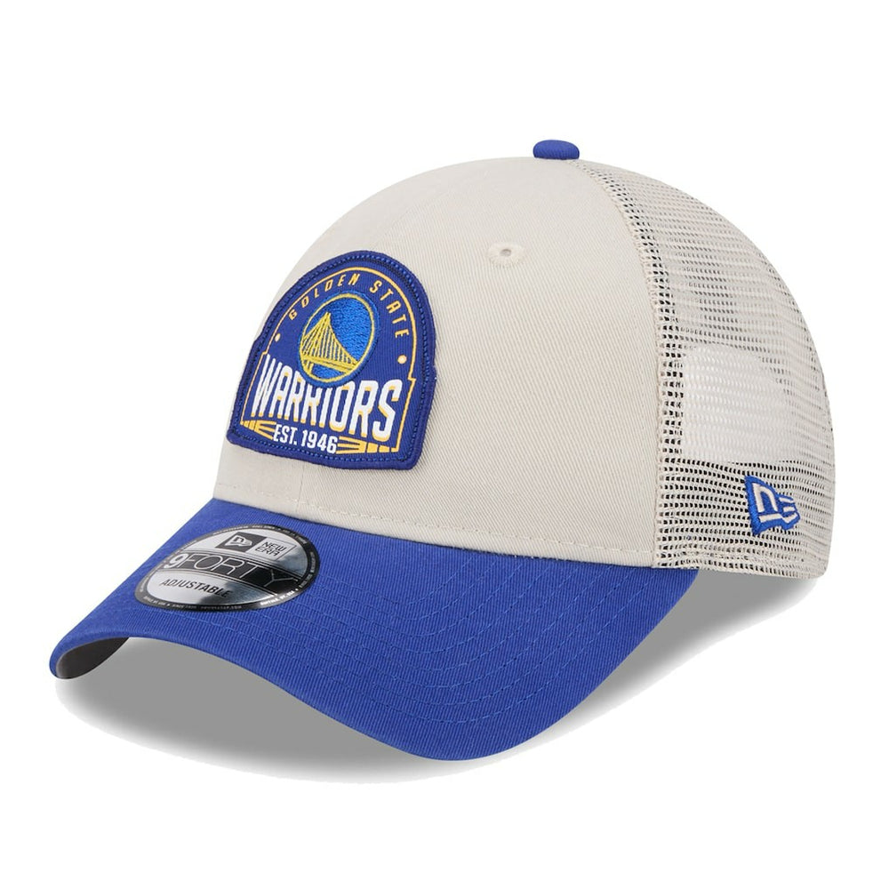 Golden State Warriors Throwback Patch Trucker 9FORTY Adjustable Hat for sale Khaki/Royal | New Era outlet