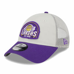 Los Angeles Lakers Throwback Patch Trucker 9FORTY Adjustable Hat Khaki/Purple | New Era for sale