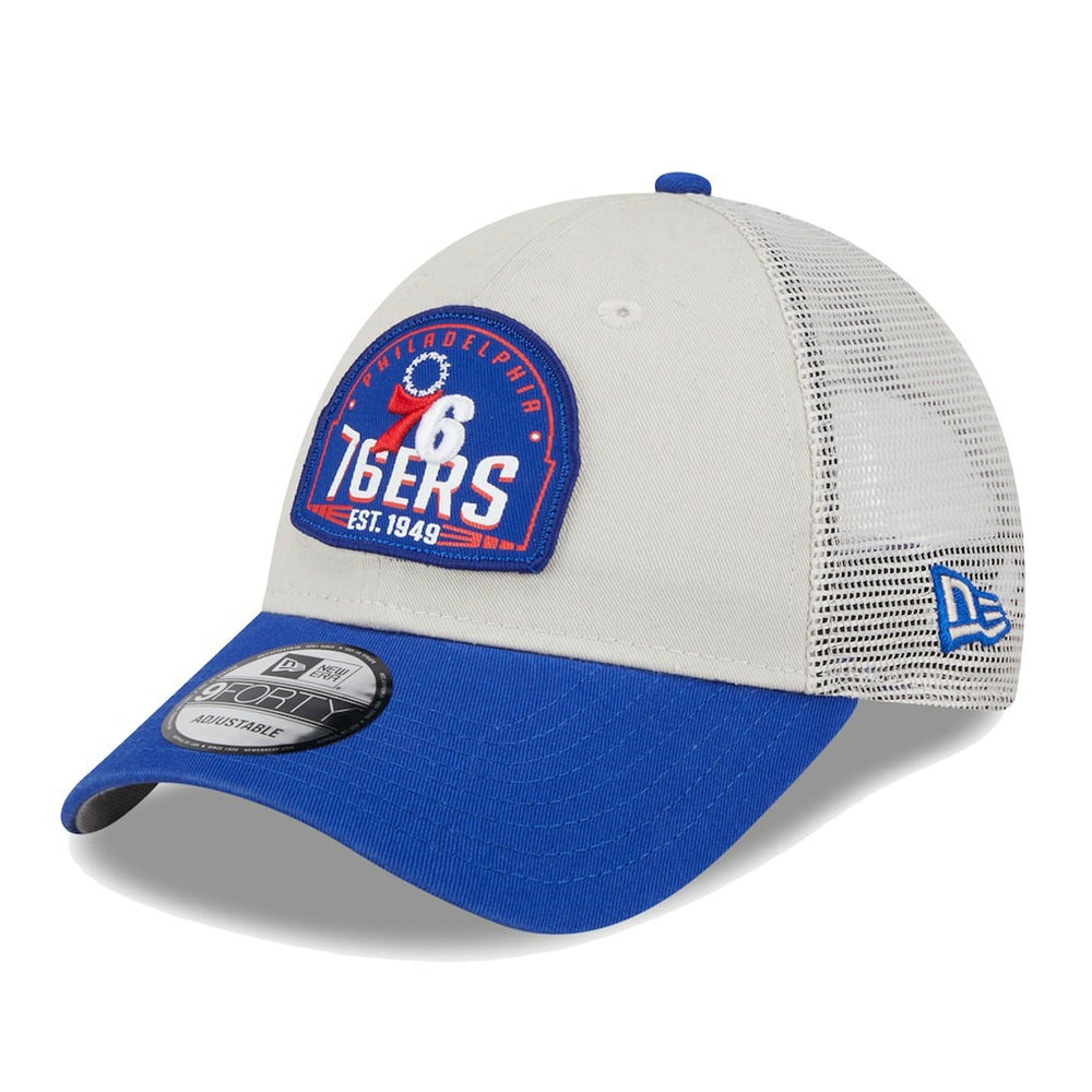 Philadelphia 76ers Throwback Patch Trucker 9FORTY Adjustable Hat Khaki/Royal | New Era online