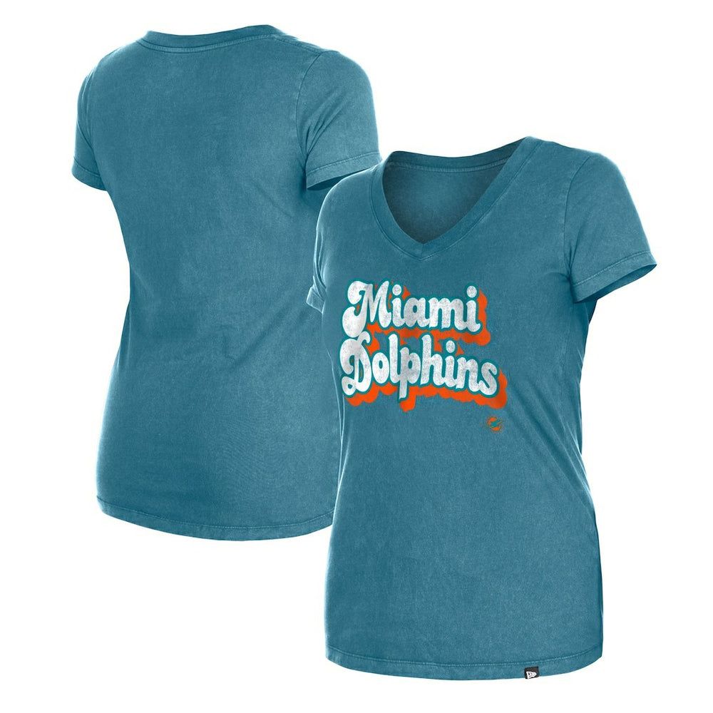 Miami Dolphins New Era Women's Enzyme Wash Low V-Neck T-Shirt Aqua