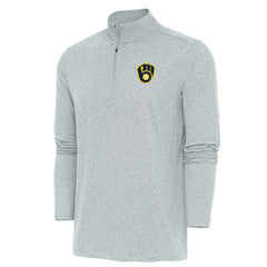 Milwaukee Brewers Antigua Hunk Quarter-Zip Pullover Top - Heather Gray - MLB Lifestyle