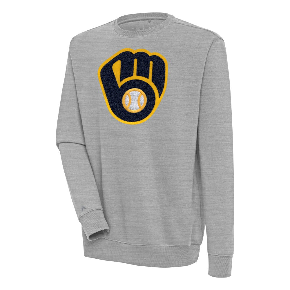 Milwaukee Brewers Antigua Victory Crewneck Chenille Pullover Sweatshirt - Heather Gray - MLB Lifestyle