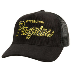 Pittsburgh Penguins Mitchell & Ness Times Up Classic Script Cord Trucker Adjustable Hat - Black - NHL 200440379