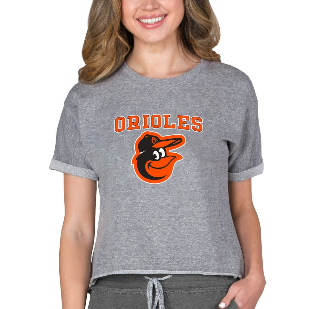 Baltimore Orioles Concepts Sport Women's Tri-Blend Mainstream Terry Short Sleeve Sweatshirt Top - Gray - MLB Discount