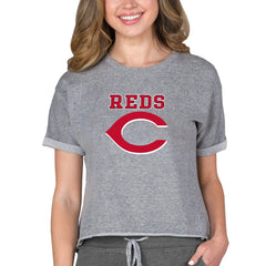 Cincinnati Reds Concepts Sport Women's Tri-Blend Mainstream Terry Short Sleeve Sweatshirt Top - Gray - MLB Lifestyle