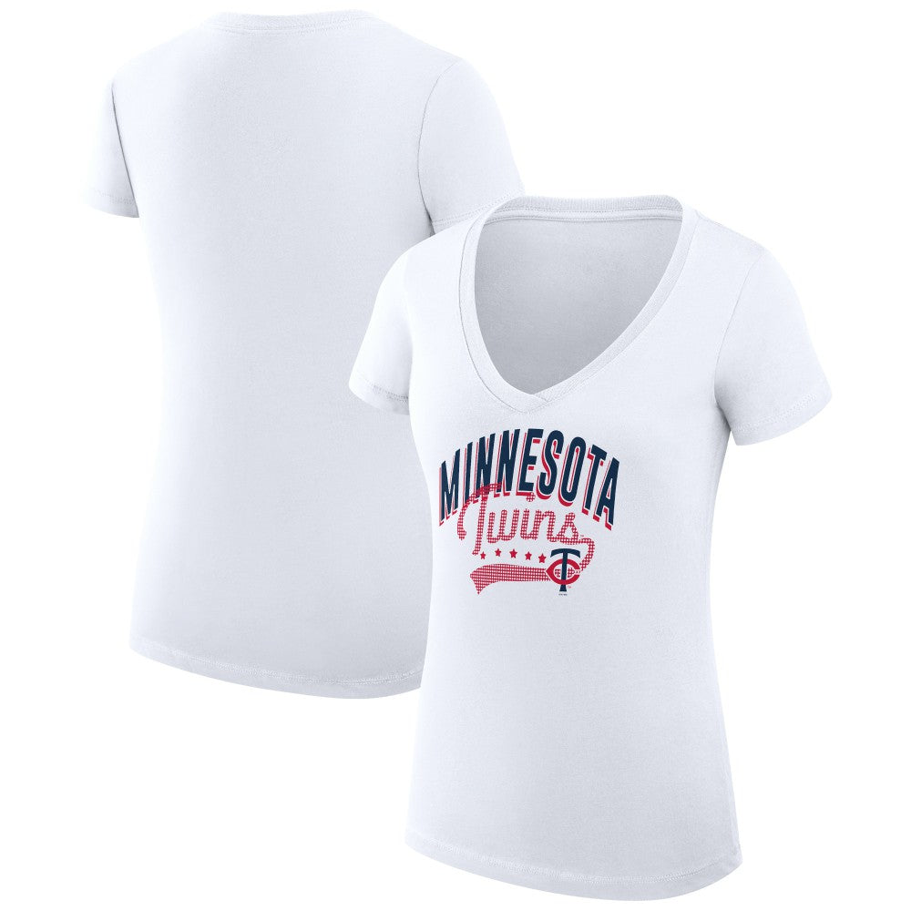 Minnesota Twins G-III 4Her by Carl Banks Women's Super-Slim Fit Lightweight Filigree Team V-Neck T-Shirt - White - MLB Discount