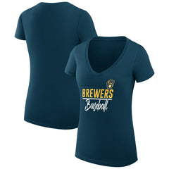 Milwaukee Brewers G-III 4Her by Carl Banks Women's Super-Slim Fit Lightweight Team Graphic V-Neck T-Shirt - Navy - MLB on Sale