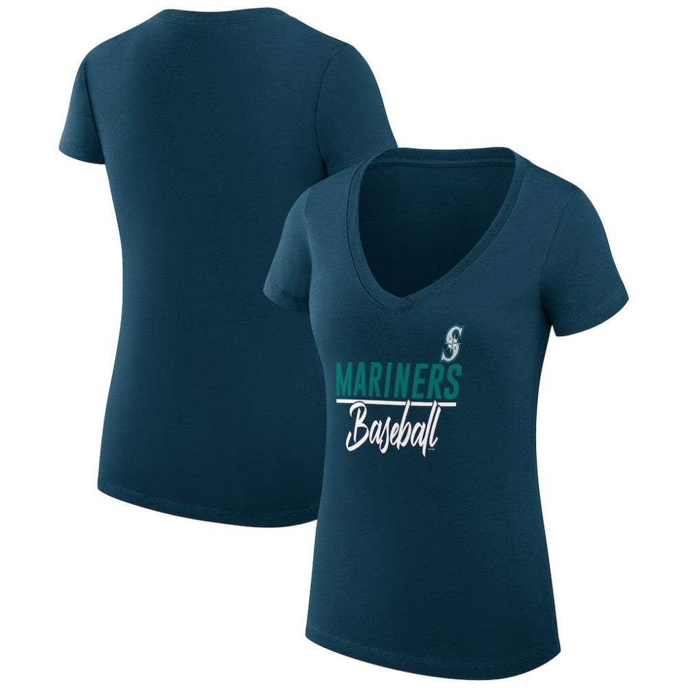Seattle Mariners G-III 4Her by Carl Banks Women's Super-Slim Fit Lightweight Team Graphic V-Neck T-Shirt - Navy - MLB Lifestyle