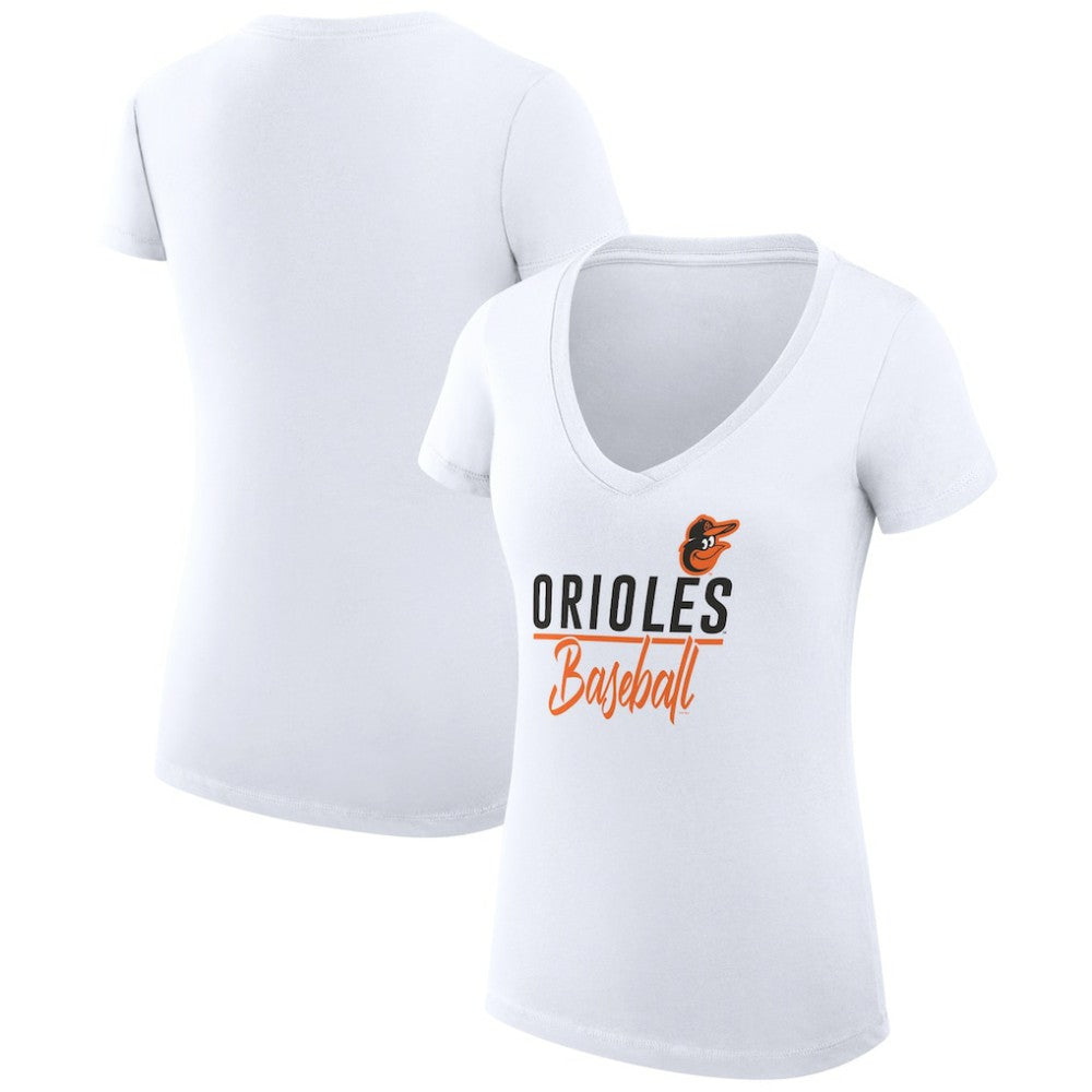Baltimore Orioles G-III 4Her by Carl Banks Women's Super-Slim Fit Lightweight Team Graphic V-Neck T-Shirt - White - MLB Lifestyle