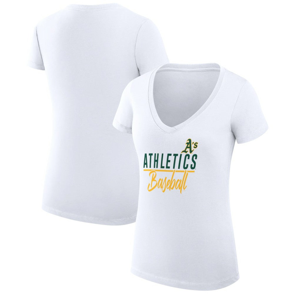 Athletics G-III 4Her by Carl Banks Women's Super-Slim Fit Lightweight Team Graphic V-Neck T-Shirt - White - MLB Sale