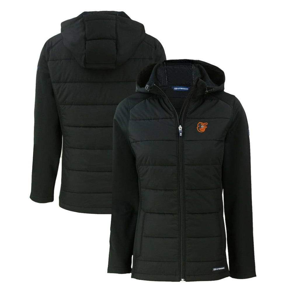 Baltimore Orioles Cutter & Buck Women's Evoke Hybrid Eco Softshell Recycled Full-Zip Hoodie Jacket - Black - MLB Sale