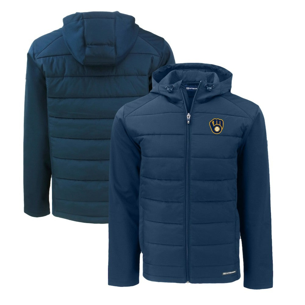 Milwaukee Brewers Cutter & Buck Big & Tall Evoke Hybrid Eco Softshell Recycled Full-Zip Hoodie - Navy - MLB Lifestyle