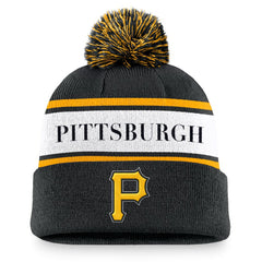 Pittsburgh Pirates Nike Team Stripe Peak Cuffed Knit Hat with Pom - Black - Nike on Sale