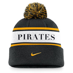 Pittsburgh Pirates Nike Team Stripe Peak Cuffed Knit Hat with Pom - Black - Nike on Sale