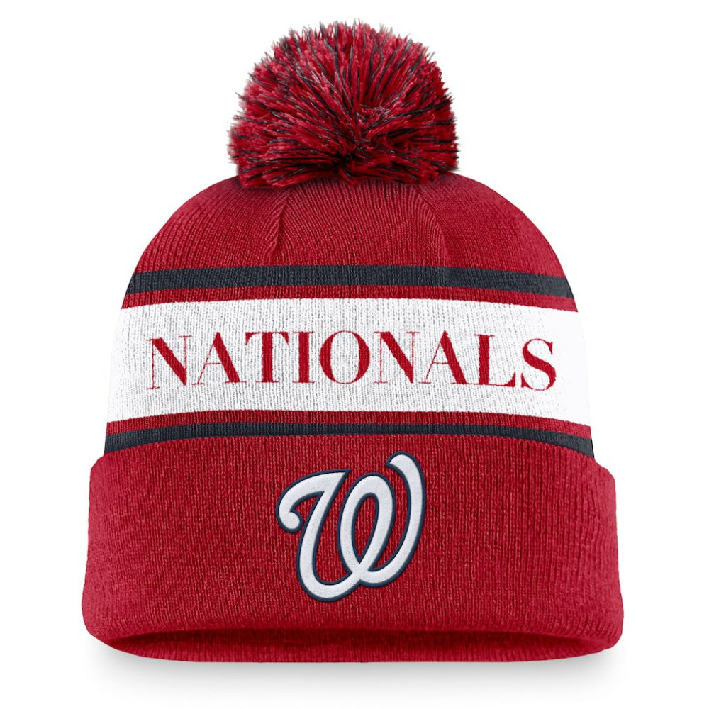 Washington Nationals Nike Team Stripe Peak Cuffed Knit Hat with Pom - Red - Nike Lifestyle