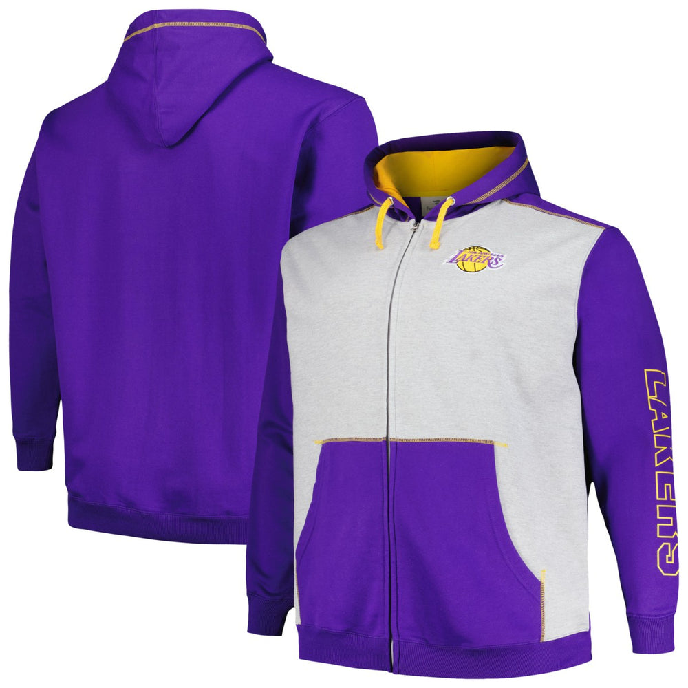 Los Angeles Lakers Big & Tall Contrast Pieced Stitched Full-Zip Hoodie Purple/Heather Gray | Fanatics outlet