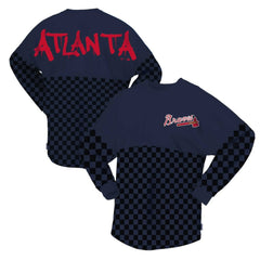 Atlanta Braves Fanatics Women's Checker Print Long Sleeve T-Shirt - Navy - Fanatics on Sale