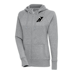 New Jersey Devils Antigua Women's Metallic Logo Victory Full-Zip Hoodie - Heather Gray - NHL 200544901