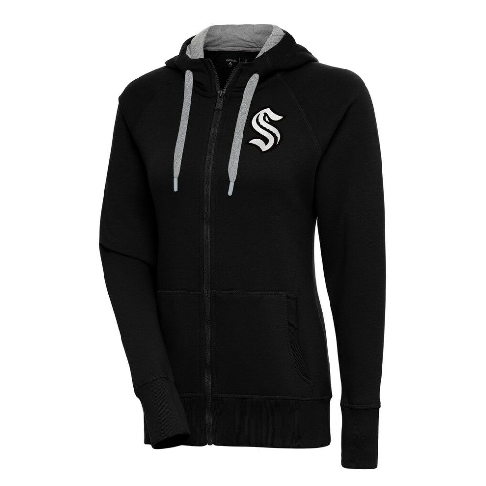 Seattle Kraken Antigua Women's Metallic Logo Victory Full-Zip Hoodie - Black - NHL 200544921