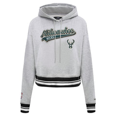 Milwaukee Bucks Pro Standard Women's Script Tail Cropped Pullover Hoodie Heather Gray