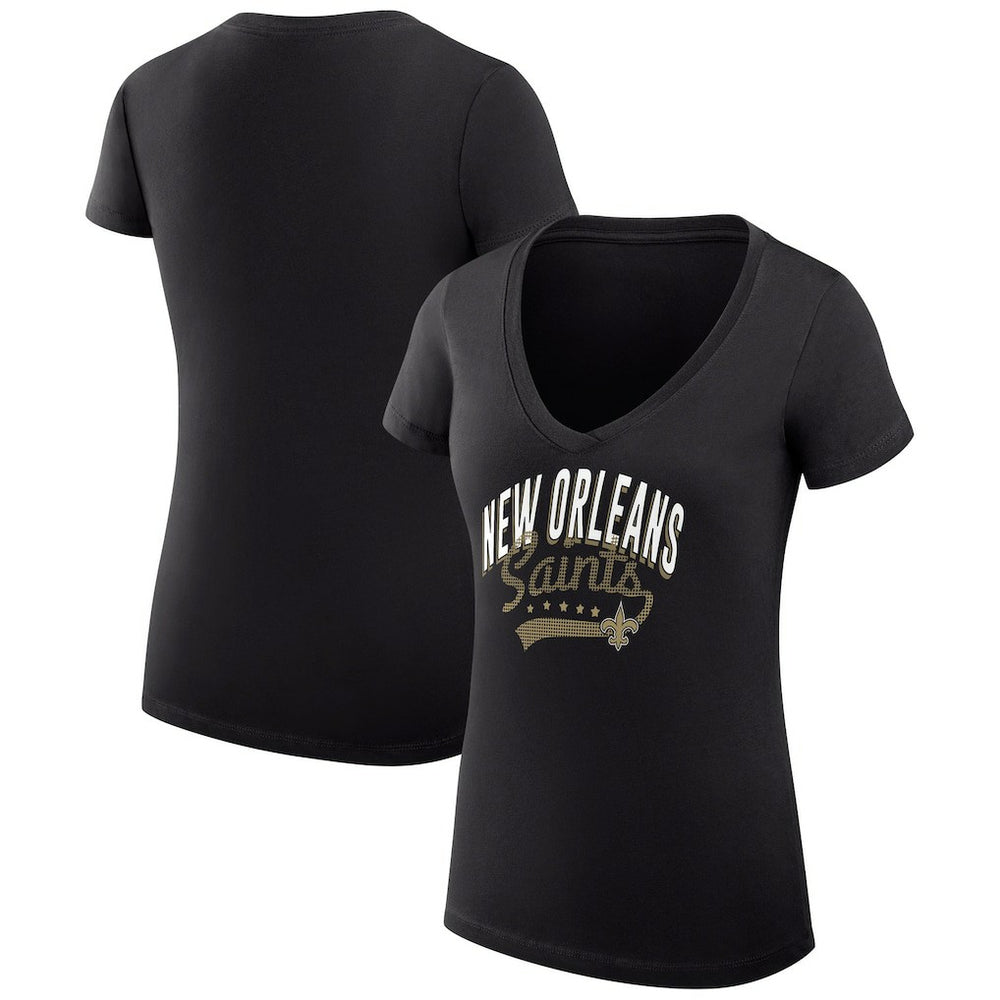 New Orleans Saints G-III 4Her by Carl Banks Women's Super-Slim Fit Lightweight Filigree Logo Lightweight V-Neck T-Shirt – Black