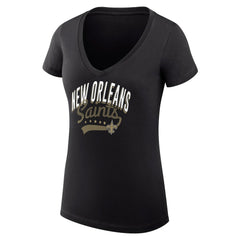 New Orleans Saints G-III 4Her by Carl Banks Women's Super-Slim Fit Lightweight Filigree Logo Lightweight V-Neck T-Shirt – Black