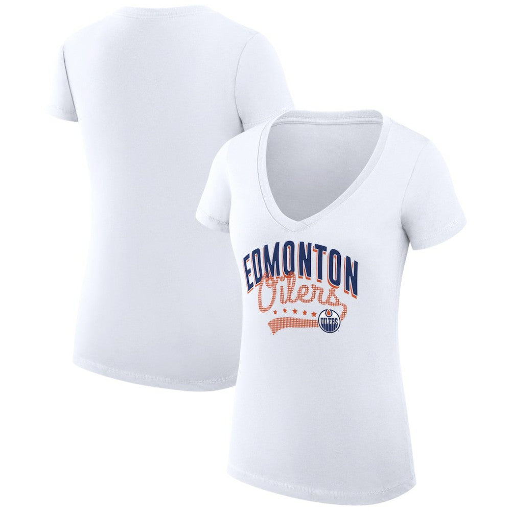 Edmonton Oilers G-III 4Her by Carl Banks Women's Super-Slim Fit Lightweight Filigree Logo V-Neck T-Shirt – White - NHL 200559572