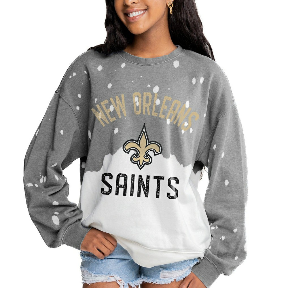 New Orleans Saints Gameday Couture Women's Oversized Coin Toss Faded French Terry Tri-Blend Pullover Sweatshirt Gray