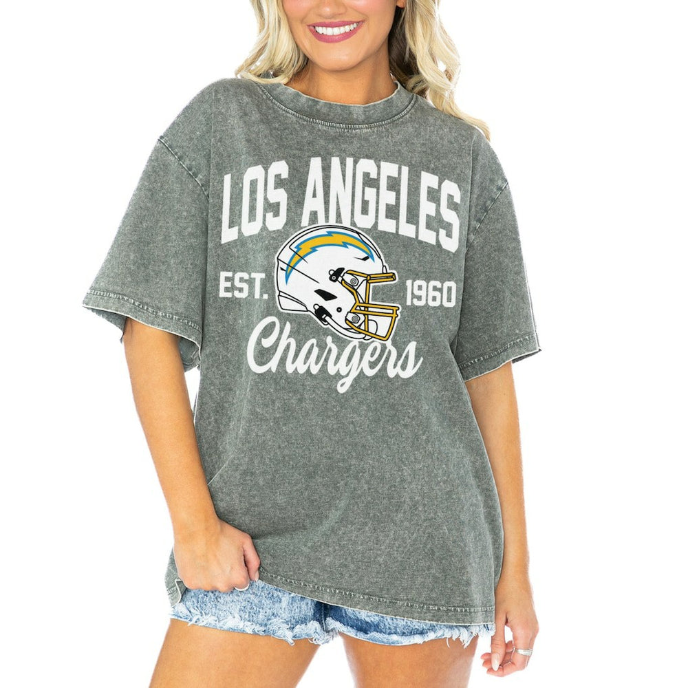 Los Angeles Chargers Gameday Couture Women's Tackle Titan Boyfriend Washed T-Shirt Gray