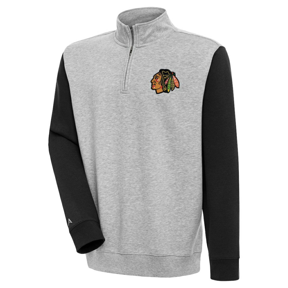 Chicago Blackhawks Antigua Victory Colorblock Quarter-Zip Pullover Top - Heather Gray/Black - NHL 200570813