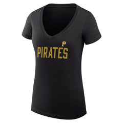 Pittsburgh Pirates G-III 4Her by Carl Banks Women's Super-Slim Fit Lightweight Dot Print V-Neck T-Shirt - Black - MLB Lifestyle
