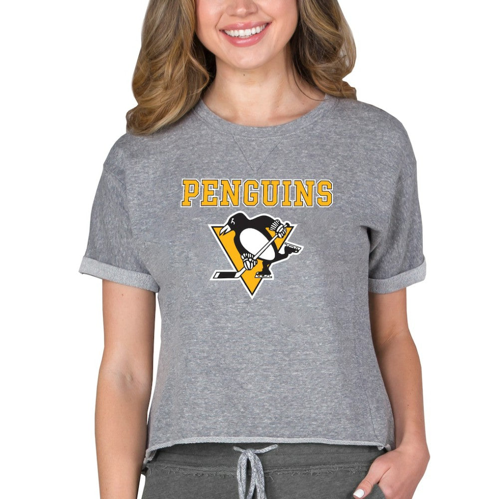 Pittsburgh Penguins Concepts Sport Women's Tri-Blend Mainstream Terry Short Sleeve Sweatshirt Top - Heather Gray - NHL 200596342