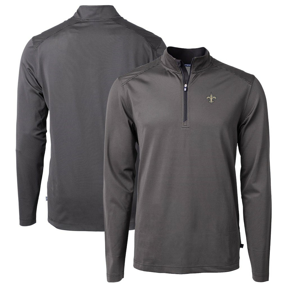 New Orleans Saints Cutter & Buck Virtue Eco Pique Micro Stripe Recycled Quarter-Zip Pullover Top Black/Gray